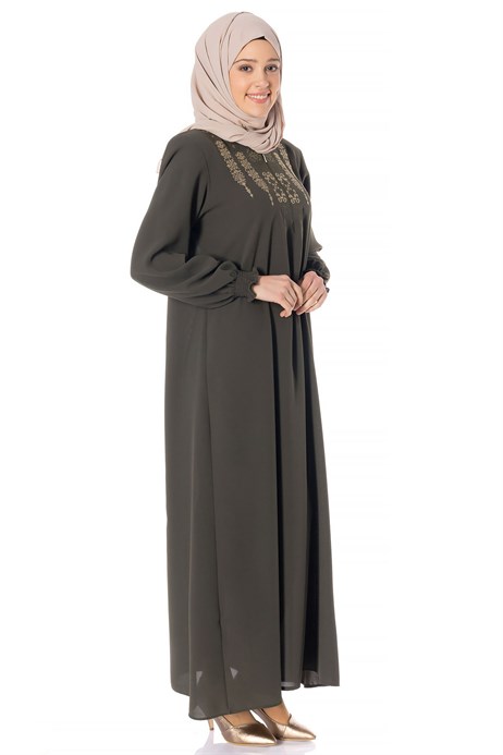 Beyza-Neck Ornamented Khaki Modest Dress 3M746