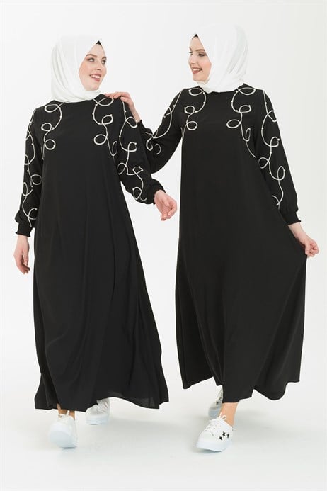 Beyza-Nakış ve İnci Detaylı Siyah Tesettür Elbise 5241