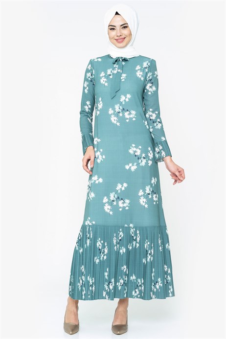 Beyza-Patterned Pleated Petrol Modest Dress
