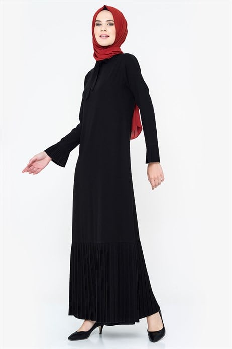 Beyza-Piliseli Siyah Tesettür Elbise 764-3