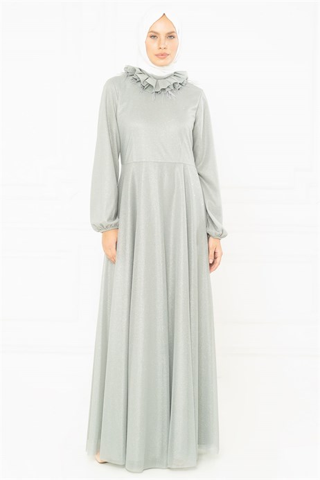 Beyza-Silvery Flared Skirt Grey Modest Evening Dress 3M5173