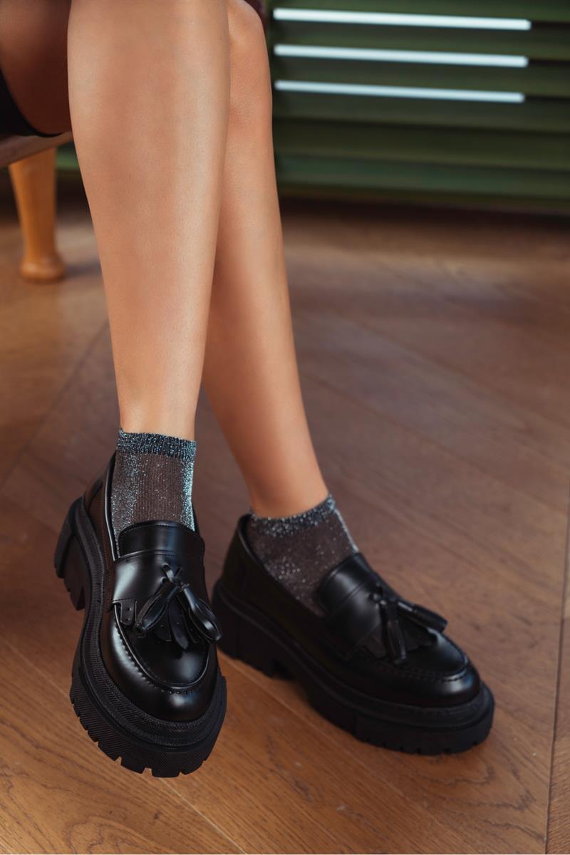 Soft Siyah Mat Rugan Püskül Detay Kalın Taban Kadın Ayakkabı - NSN-YCZ555K SİYAH MAT RUGAN