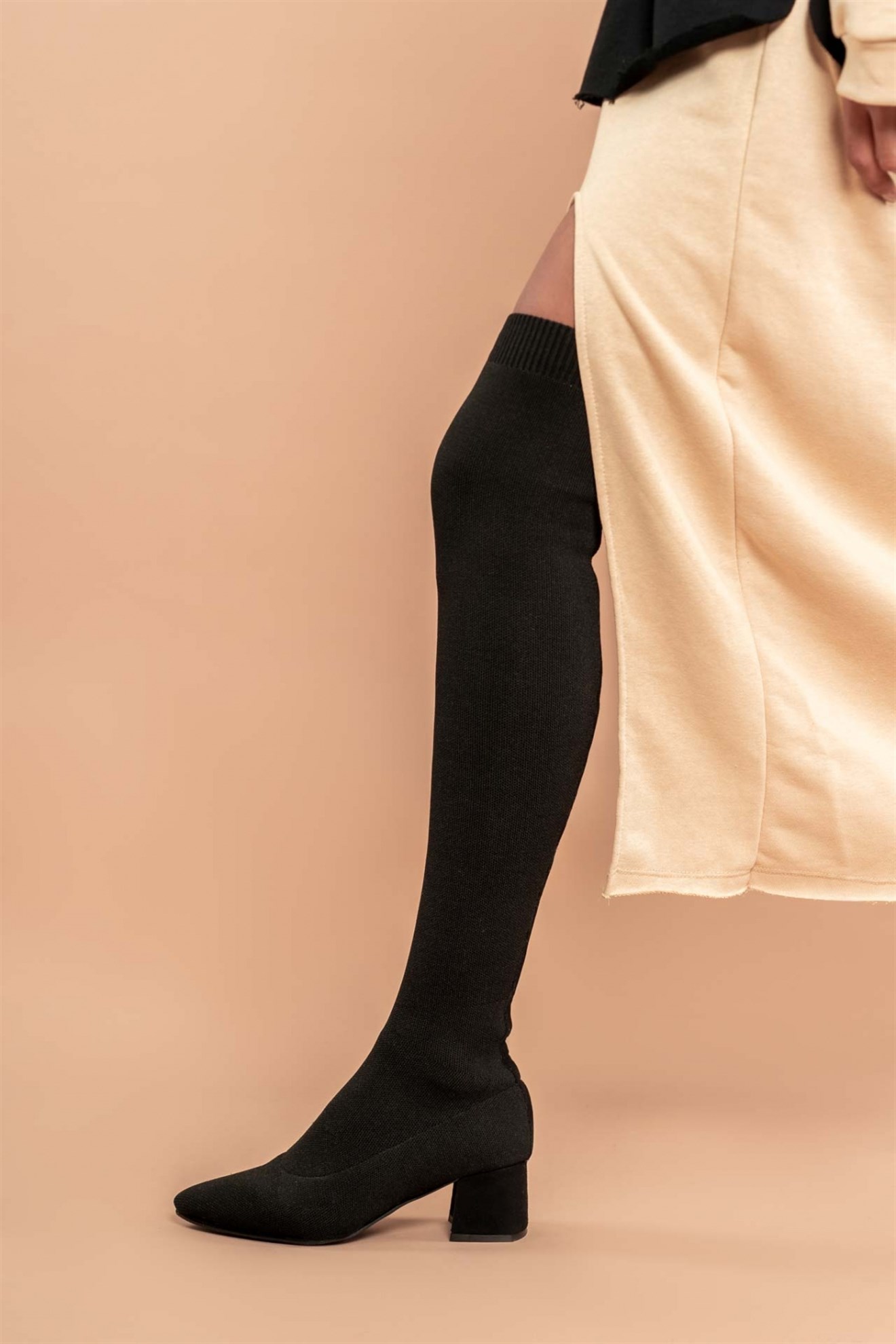 Groovy Siyah Triko Topuklu Streç Kadın Çizme