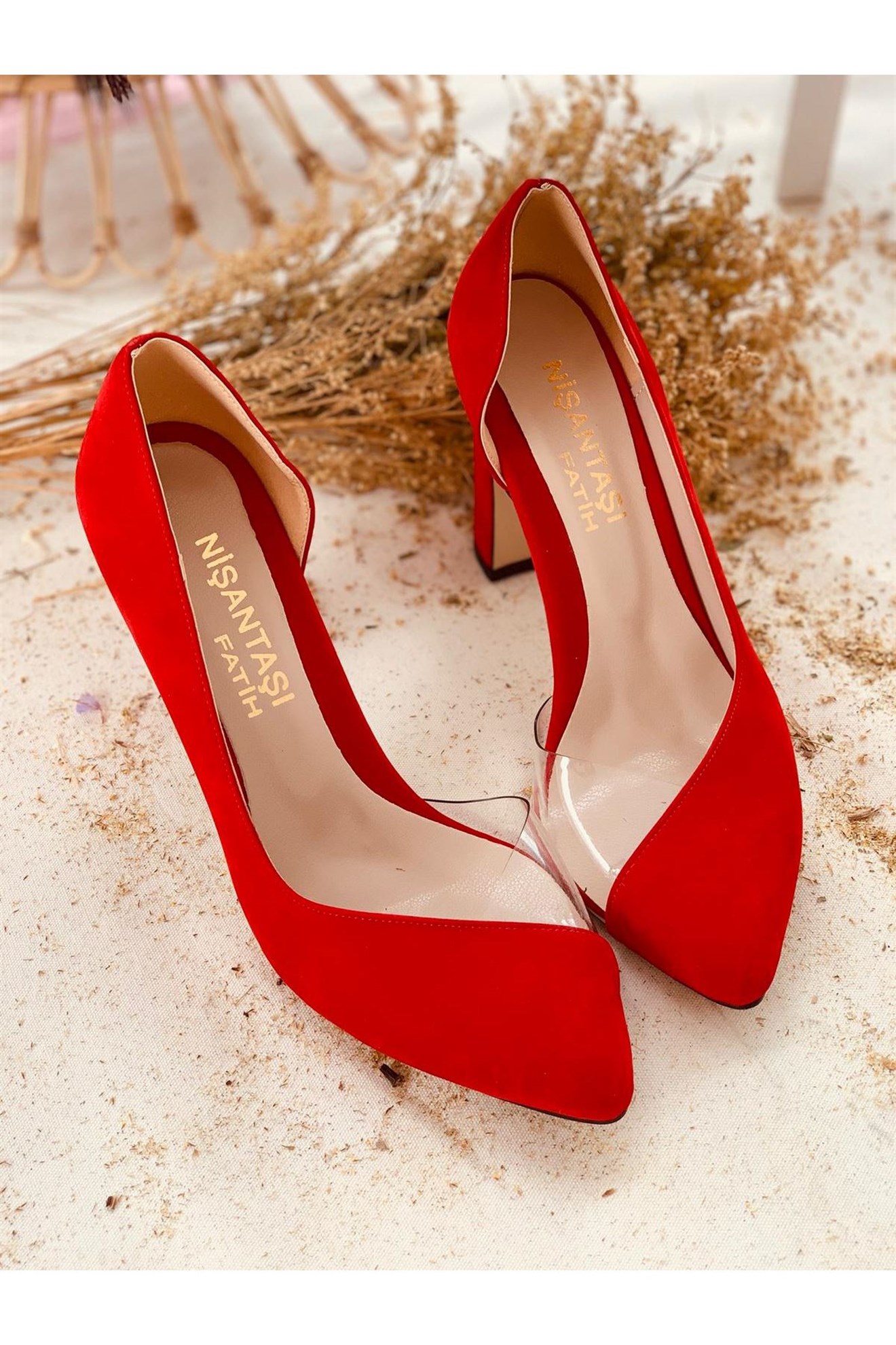 Kırmızı Süet Şeffaf Detay Topuklu Ayakkabı