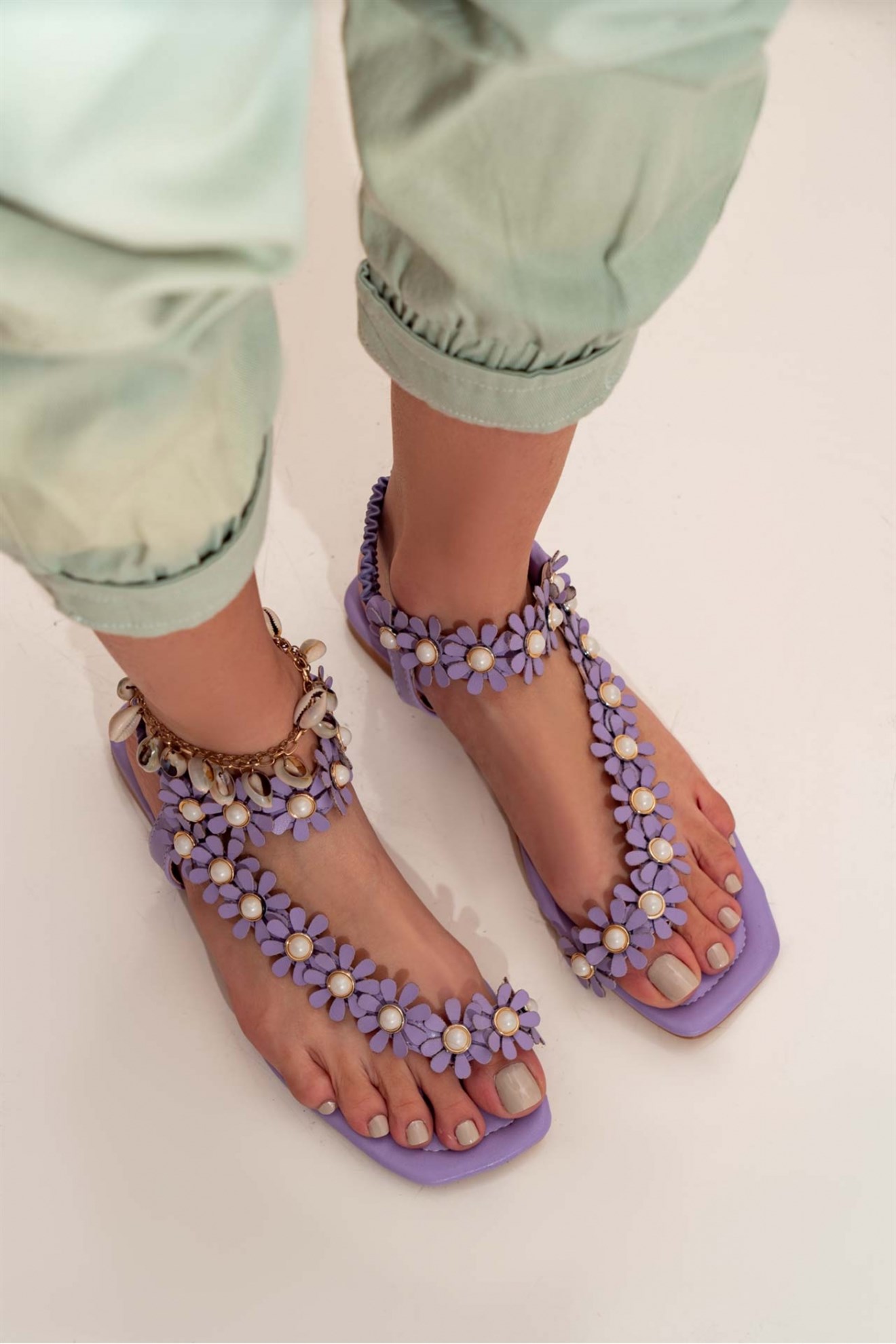 Mirage Lila Mat Parmak Arası Inci Detay Kadın Sandalet