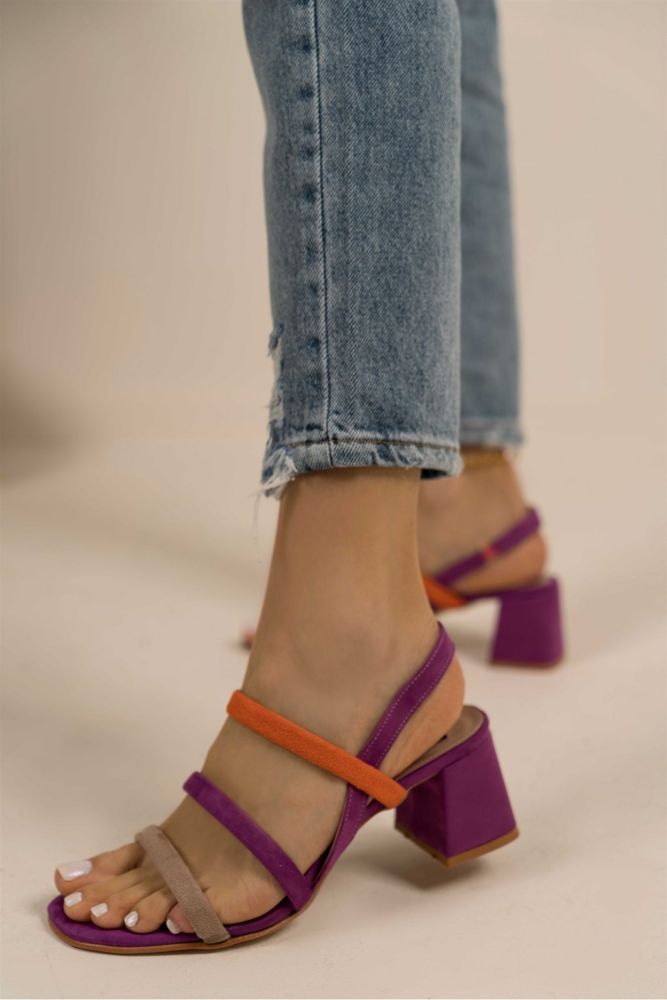 Noite Mor Oranj Bej Renkli Topuklu Bayan Sandalet Ayakkabı