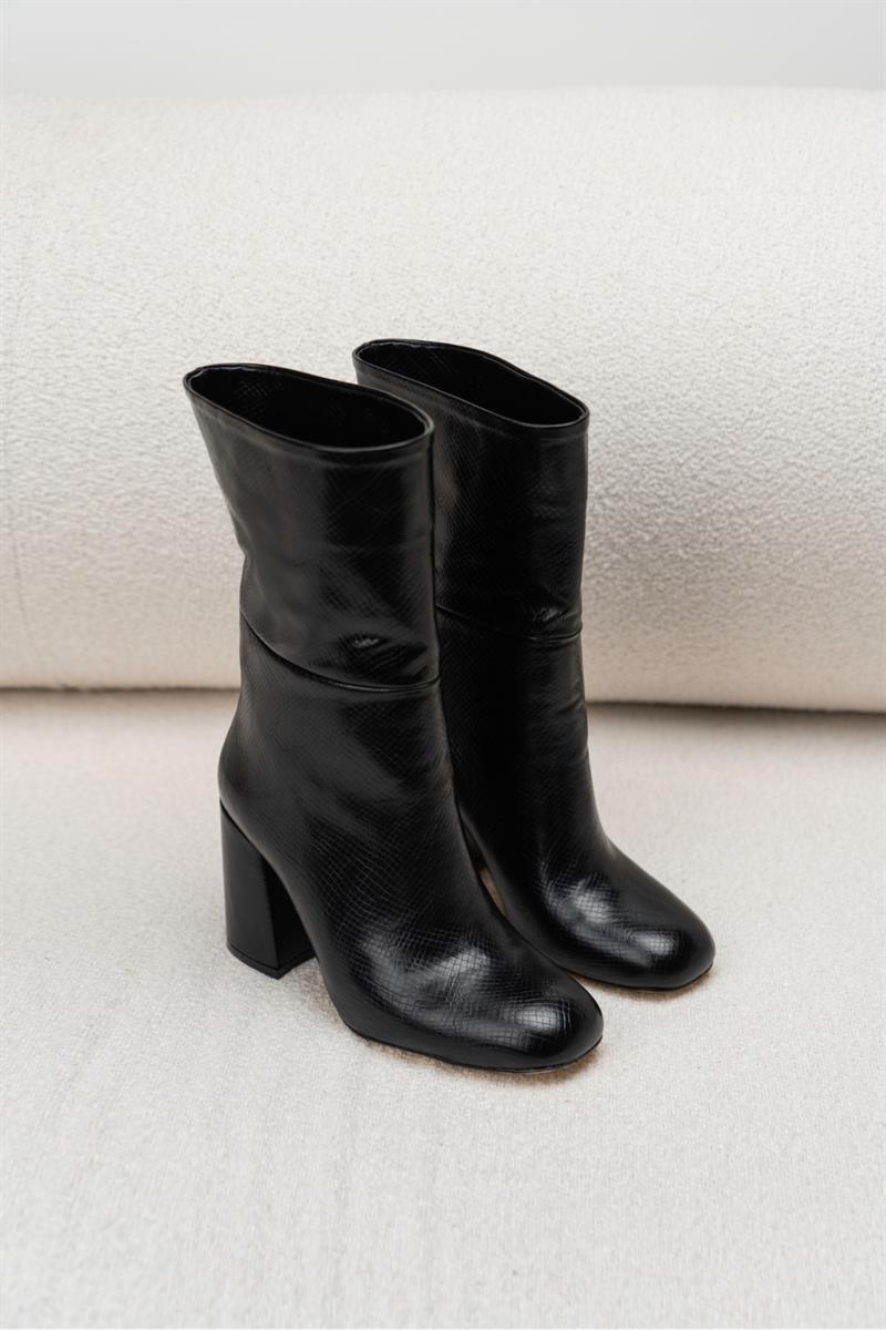 Cool Siyah Mat Desenli  Küt Burun Kalın Topuklu Kadın Çizme - NSN-CLL3406K SİYAH KRK