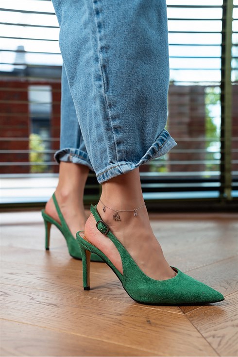 Morgona Çimen Yeşili Süet Bilek Kemerli Kadın Topuklu Ayakkabı - NSN-YNS049K ÇİMEN YEŞİLİ SÜET