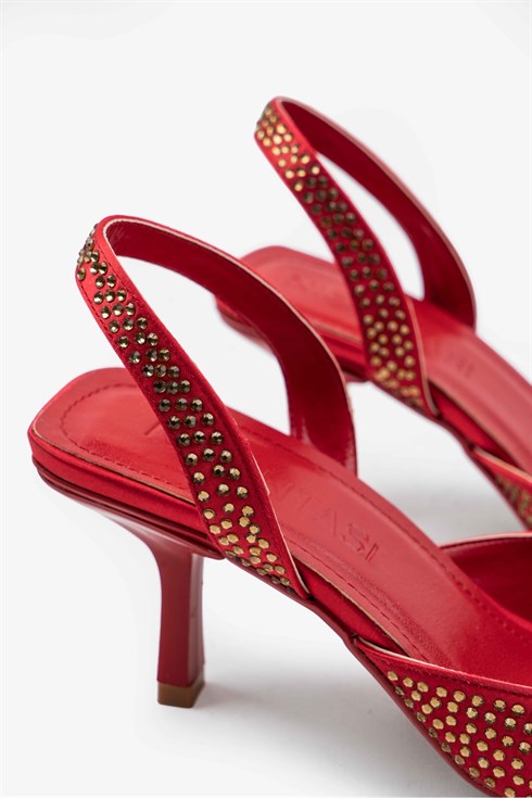 Zerry Kırmızı Taş Detay Bilekli Kadın Topuklu Ayakkabı - NSN-GP5600 KIRMIZI TAŞ