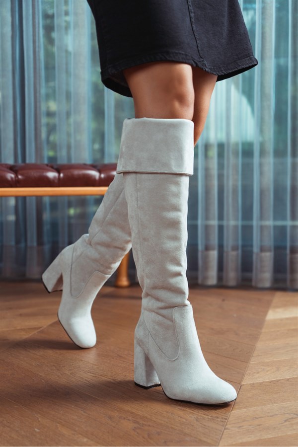 Varus Taş Rengi Süet Oval Burun Kadın Kalın Topuklu Çizme - NSN-CLL621K TAŞ RENGİ SÜET