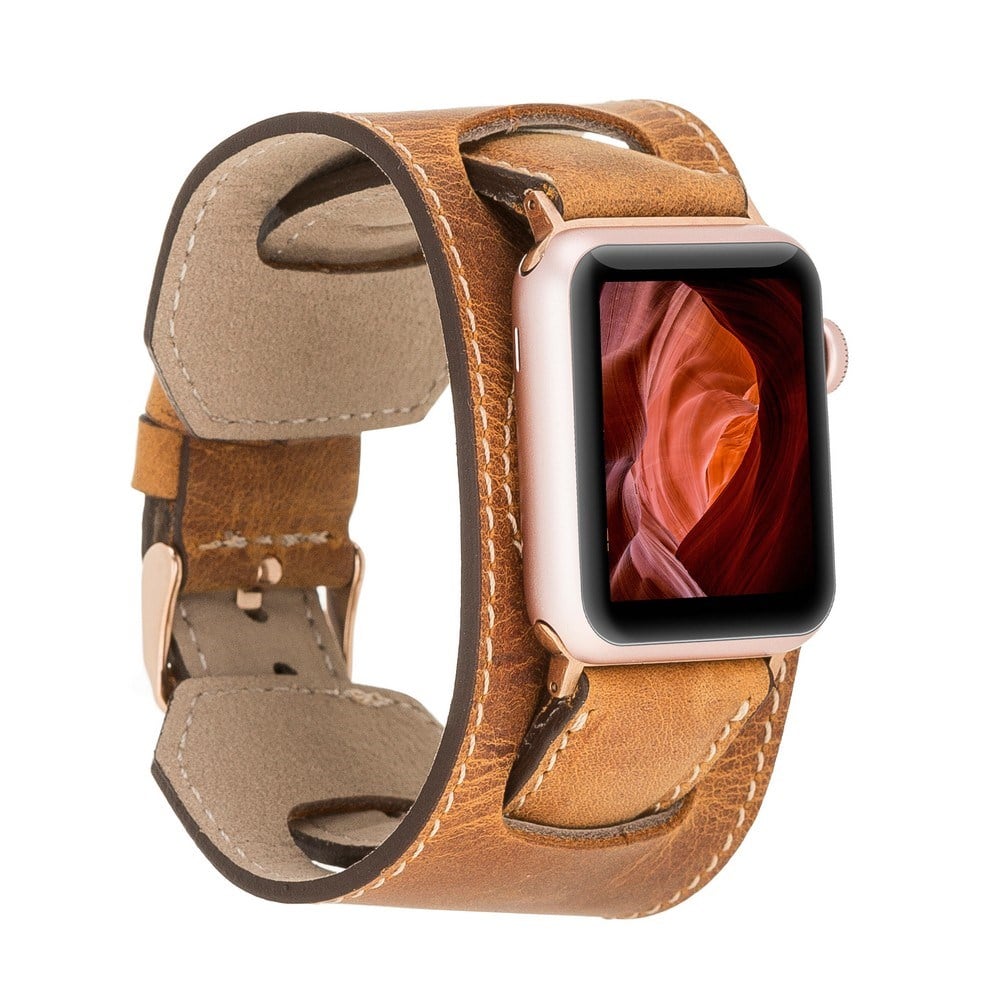 Akıllı Saatler Apple Watch Uyumlu Deri Kordon 42-44-45mm Cuff G19 Taba Satın Al