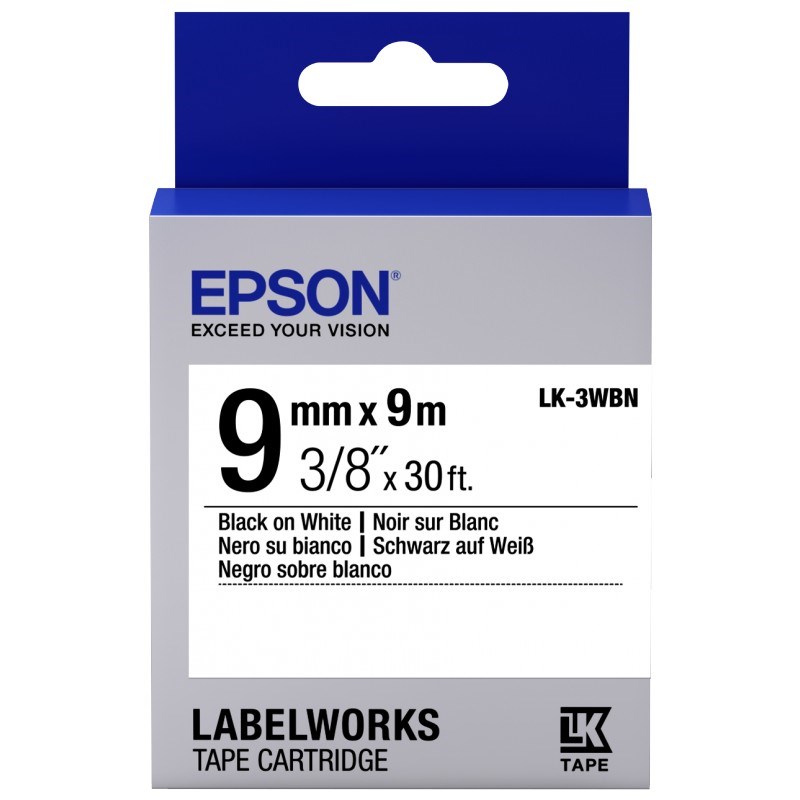 Barkod Etiket ve Kartuşları Epson LK-3WBW Güçlü Yapışkanlı Beyaz Üzeri Siyah 9mm 9Metre Etiket Satın Al