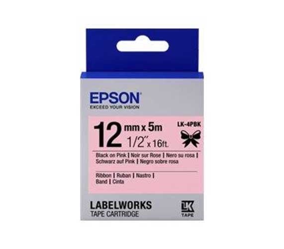 Barkod Etiket ve Kartuşları Epson LK-4PBK Pembe Üzeri Siyah Kurdele 12mm 9 Metre Satın Al