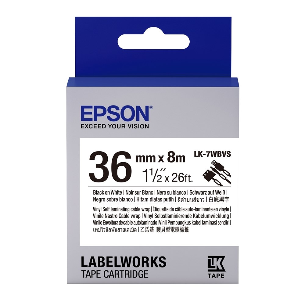 Barkod Etiket ve Kartuşları Epson LK-7WBVS Kendinden Laminasyonlu Kablo Giydirme Beyaz Üzeri Siyah 36mm 8Metre Etiket Satın Al
