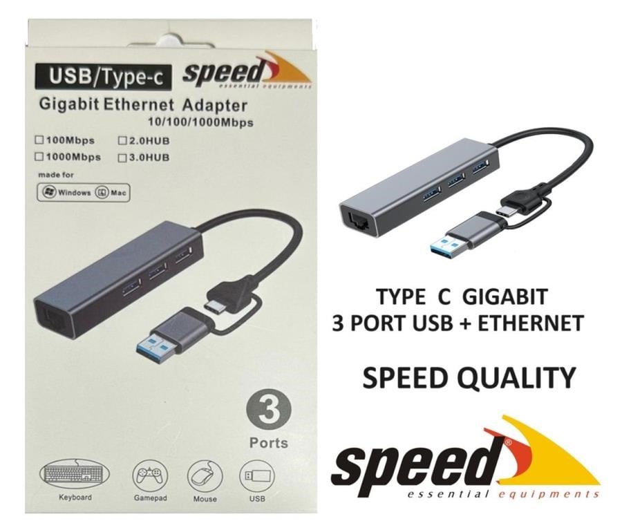 Kablolar ve Adaptörler Speed UET01 10-100-1000 USB - Type c 3 Port USB 3.0 Çoklayıcı Gigabit Ethernet Çevirici Satın Al