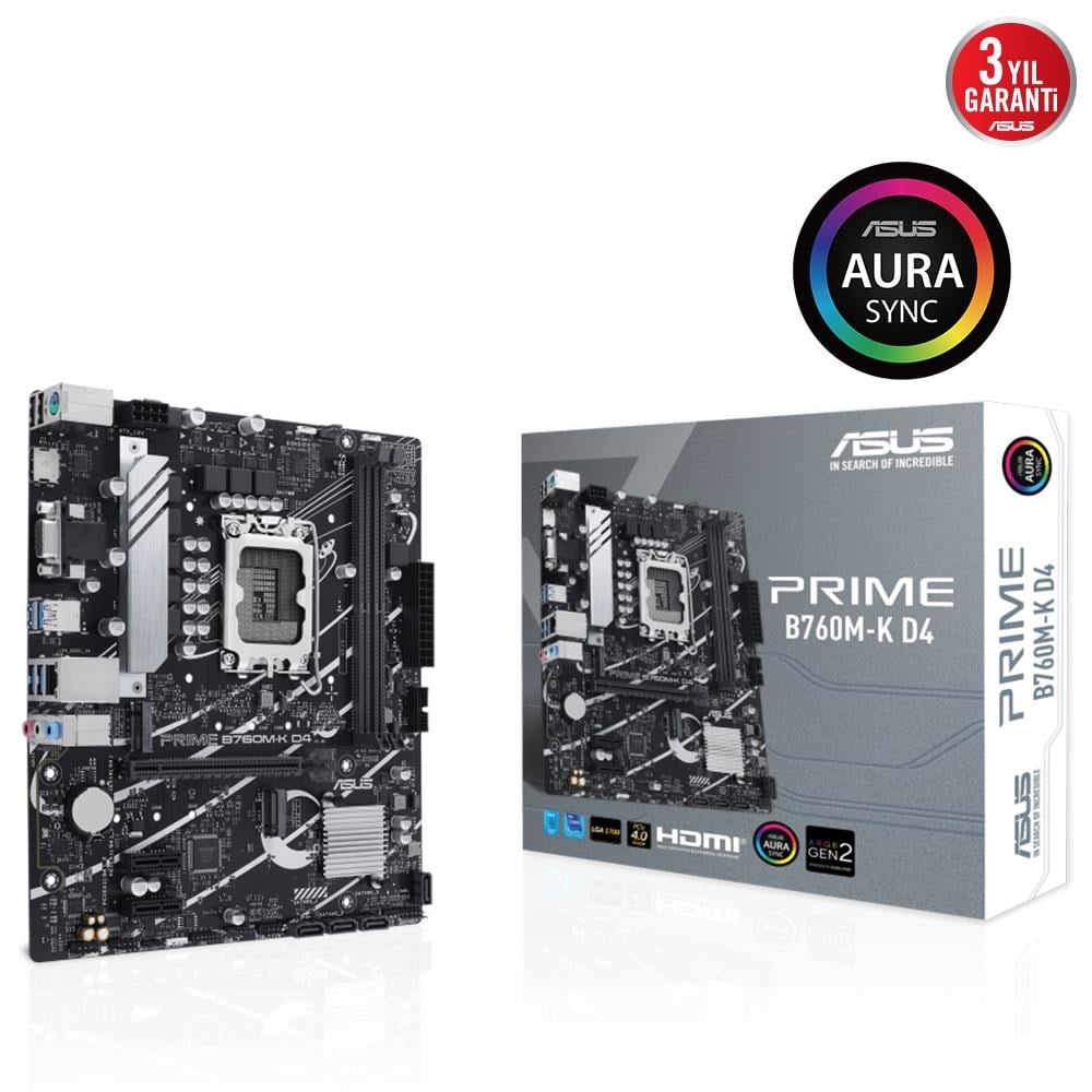 Anakartlar Asus Prime B760M-K D4 Intel B760 Soket 1700 DDR4 5333(OC)MHz mATX Gaming (Oyuncu) Anakart Satın Al