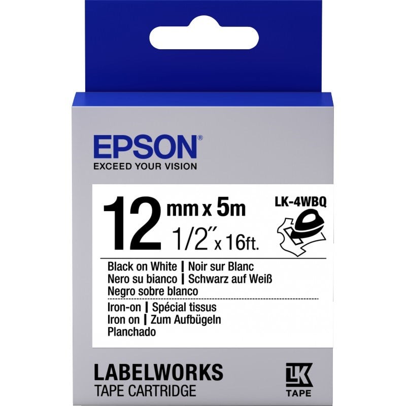 Barkod Etiket ve Kartuşları Epson LK-4WBQ Ütüyle Transfer Beyaz Üzeri Siyah 12mm 9Metre Etiket Satın Al
