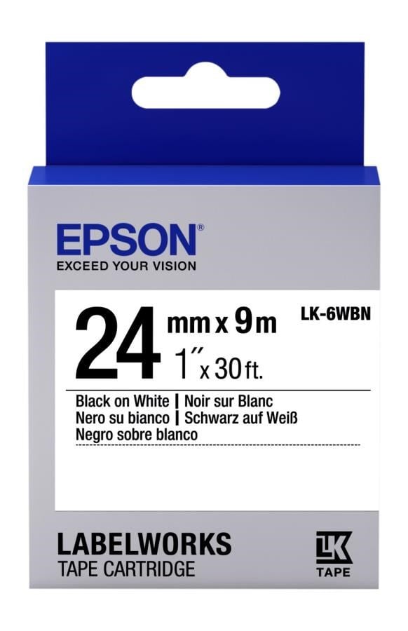 Barkod Etiket ve Kartuşları Epson LK-6WBVN Vinil Beyaz Üzeri Siyah 24mm 7Metre Etiket Satın Al