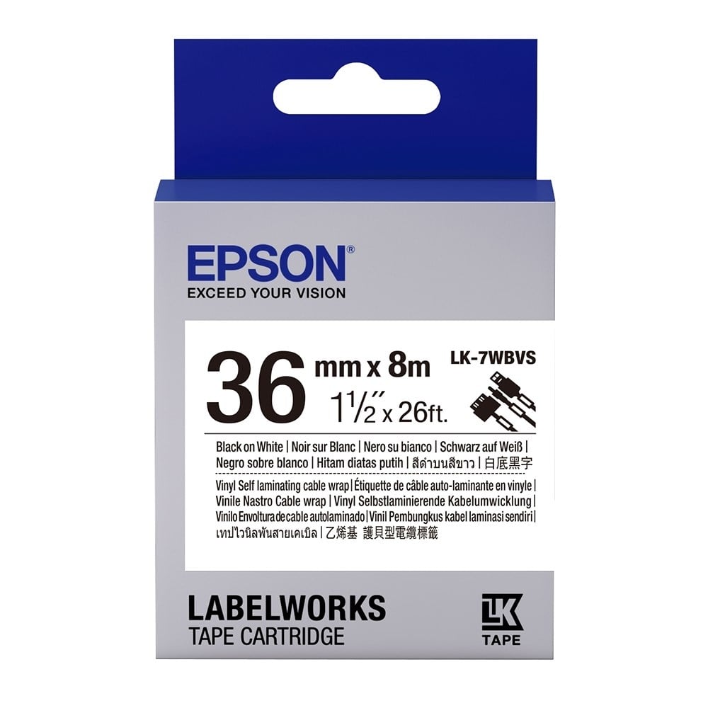 Barkod Etiket ve Kartuşları Epson LK-7WBVS Kendinden Laminasyonlu Kablo Giydirme Beyaz Üzeri Siyah 36mm 8Metre Etiket Satın Al