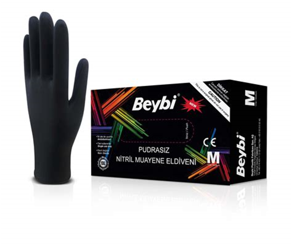 Beybi Muayene Pudrasız Nitril Siyah Eldiven Medium 100lü Paket