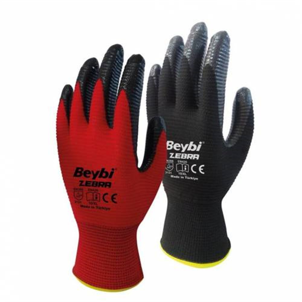 Beybi Nitril Poly PNzebra 9 Beden Kırmızı Siyah  Eldiven 12li Paket