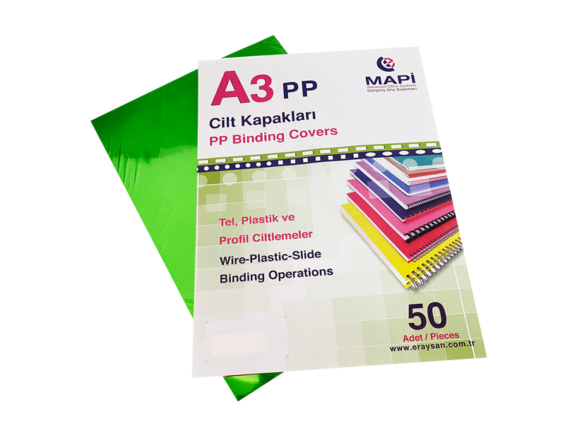 Cilt Kapakları MAPİ A3 PP FOSFORLU KAPAK 550 MİCRON FOSFORLU YEŞİL 50 Lİ Satın Al