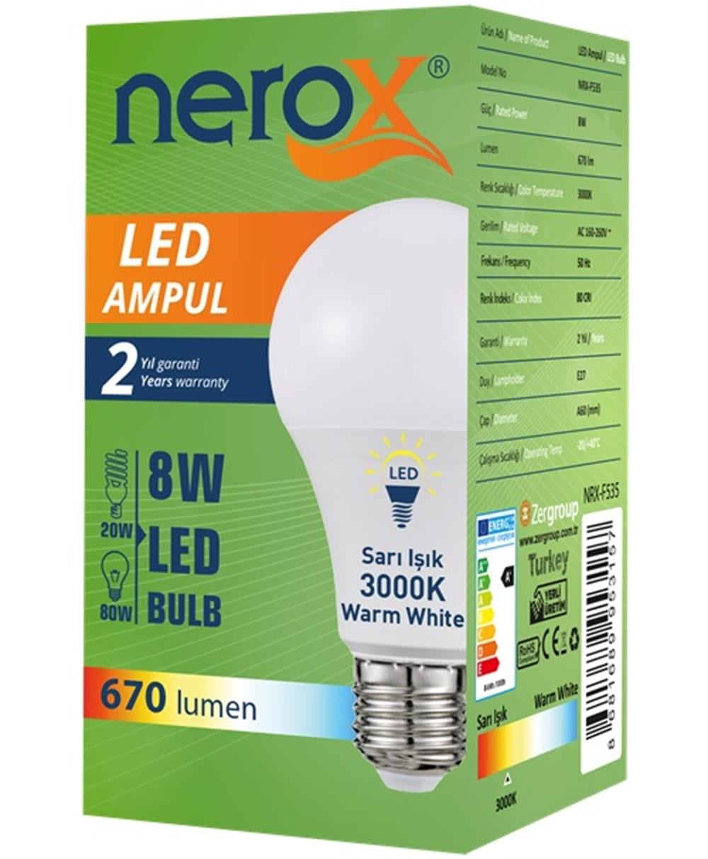 Elektrik ve Aydınlatma Ürünleri Nerox Led Ampül A60 8W Sarı E27 Satın Al