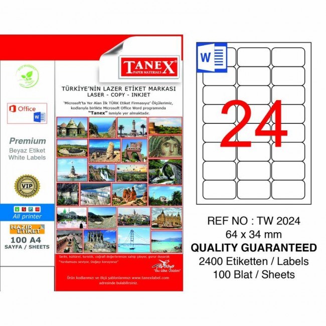Etiketler Tanex Tw-2024 Beyaz Adresleme ve Postalama Etiketi 64 mm x 34 mm Satın Al