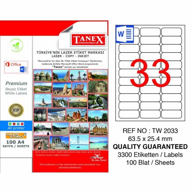 Etiketler Tanex Tw-2033 Beyaz Etiket 63.5 mm x 25.4 mm Satın Al