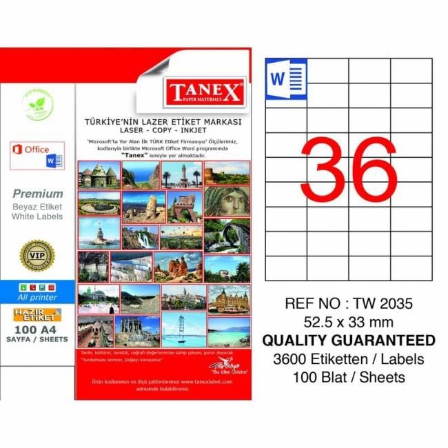 Etiketler Tanex Tw-2035 Beyaz Etiket 52.5 mm x 33 mm Satın Al