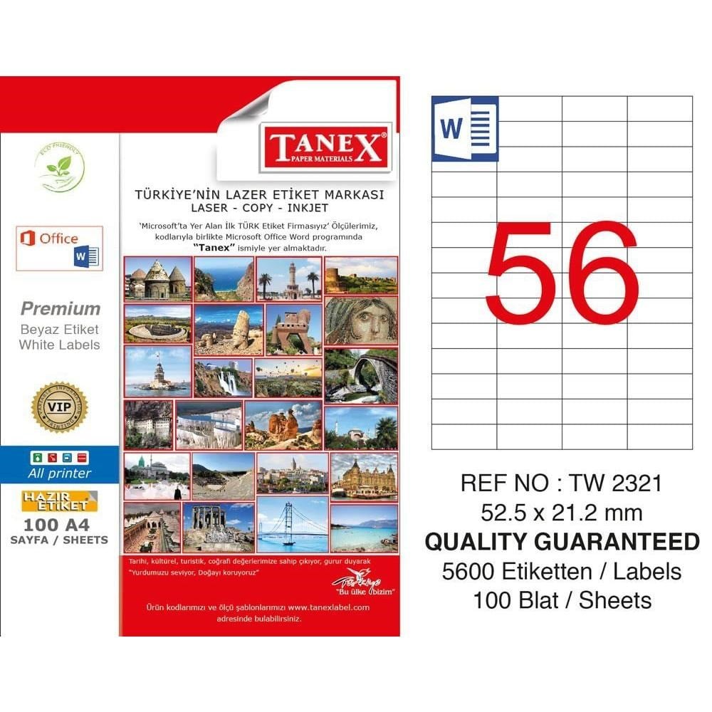 Etiketler Tanex Tw-2321 Beyaz Etiket 52.5 mm x 21.2 mm Satın Al