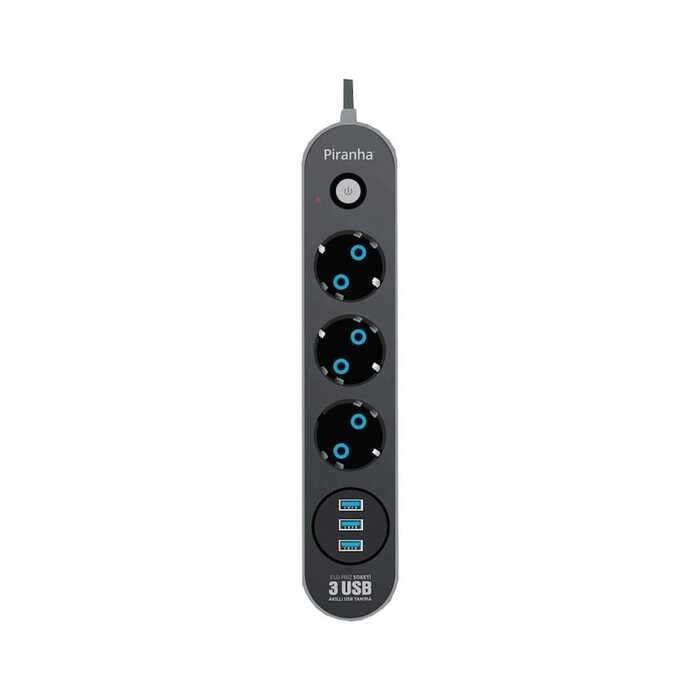 Grup Priz ve Uzatma Kabloları PIRANHA 3395 3LÜ PRİZ 3 USB GİRİŞLİ 2MT. AKIM KORUMALI Satın Al