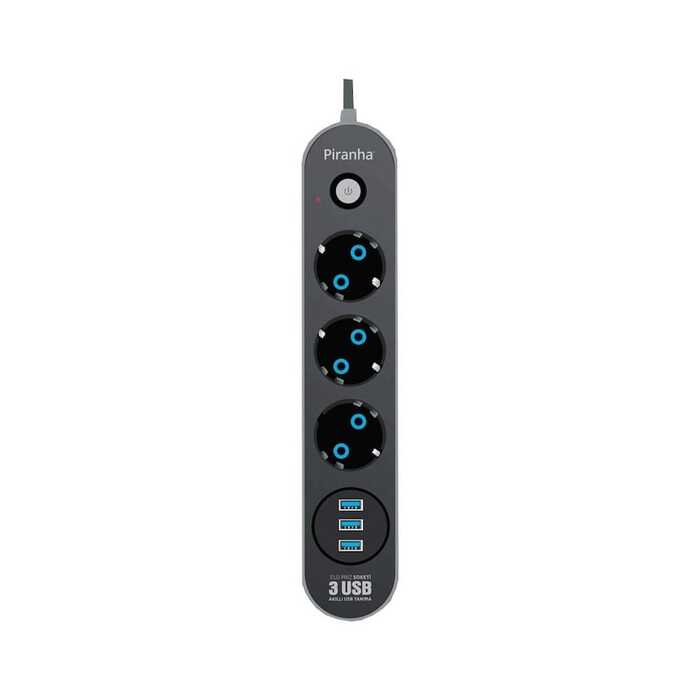 Grup Priz ve Uzatma Kabloları PIRANHA 3395 3LÜ PRİZ 3 USB GİRİŞLİ 2MT. AKIM KORUMALI Satın Al