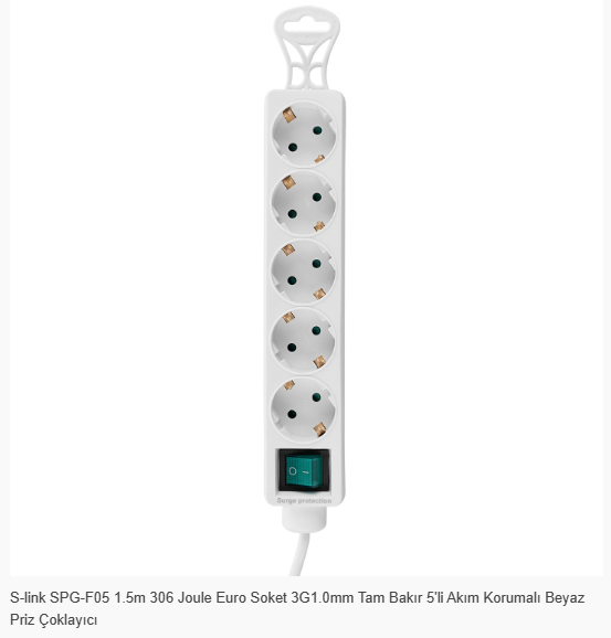 Grup Priz ve Uzatma Kabloları S-link SPG-F05 1.5m 306 Joule Euro Soket 3G1.0mm Tam Bakır 5li Akım Korumalı Beyaz Priz Çoklayıcı Satın Al