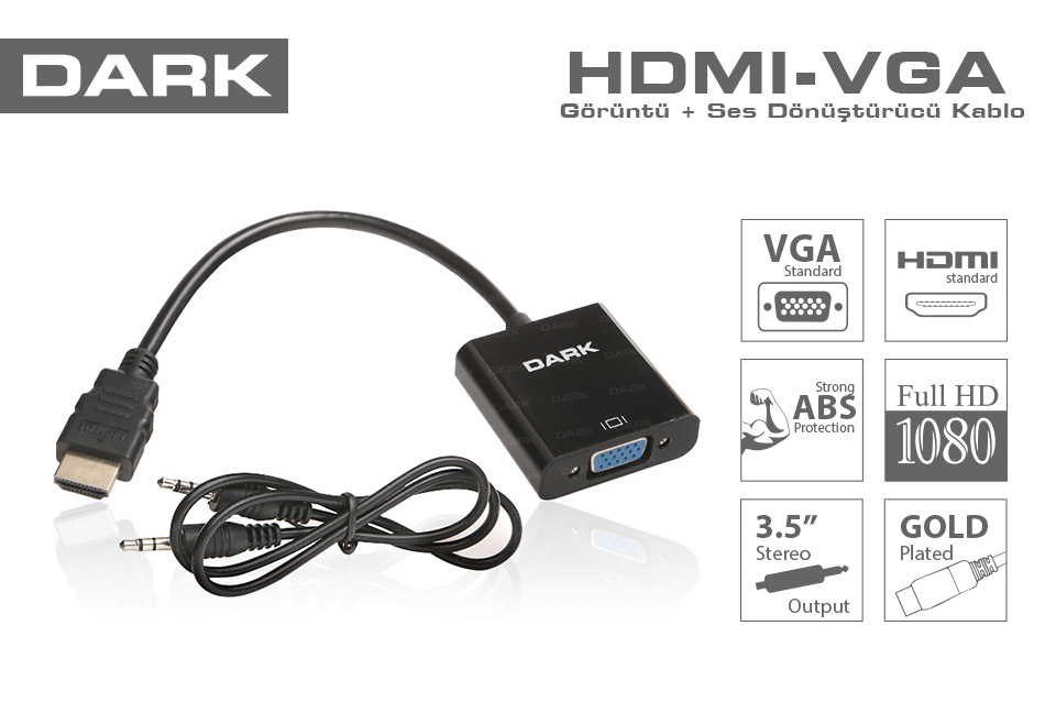 Kablolar ve Adaptörler Dark DK HD AHDMIXVGA HDMI TO VGA ve SES Aktif Dijital-Analog Dönüştürücüsü Satın Al