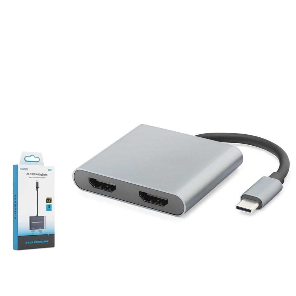 Kablolar ve Adaptörler HADRON HDX7875 Type-C to 2x HDMI Dişi Görüntü Dönüştürücü 4K 30 Hz - Gri Satın Al