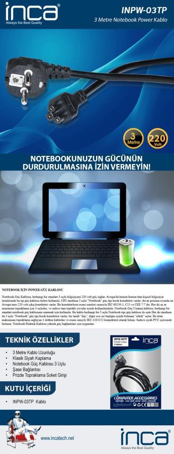 Kablolar ve Adaptörler Inca Inpw-03tp 3mt Notebook Power Kablosu Satın Al