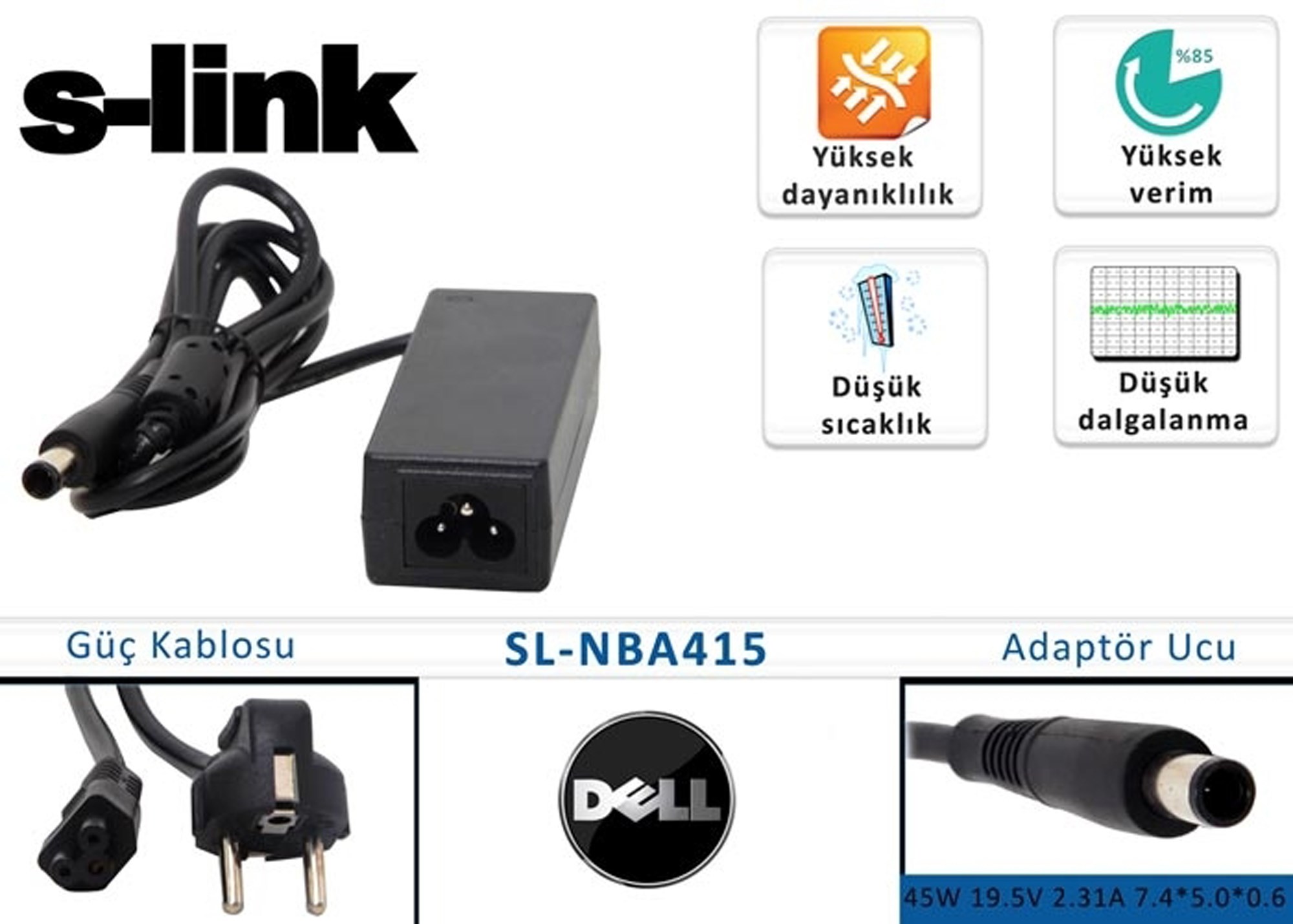 Kablolar ve Adaptörler S-LINK SL-NBA415 45W 19.5V 2.31A 7.4-5.0-0.6 DELL Satın Al