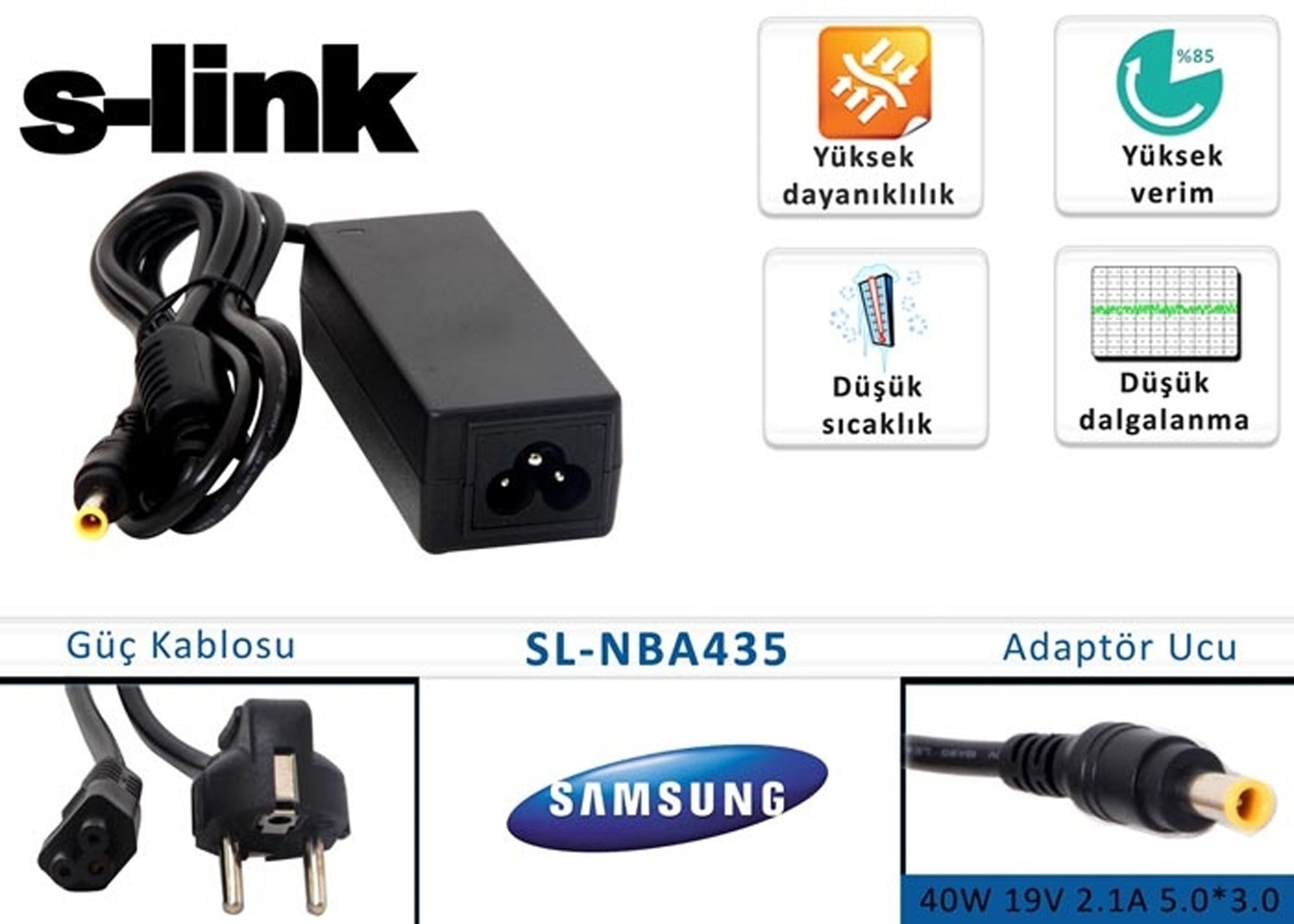 Kablolar ve Adaptörler S-link SL-NBA435 40w 19v 2.1a 5.0-3.0 Samsung Notebook Standart Adaptörü Satın Al