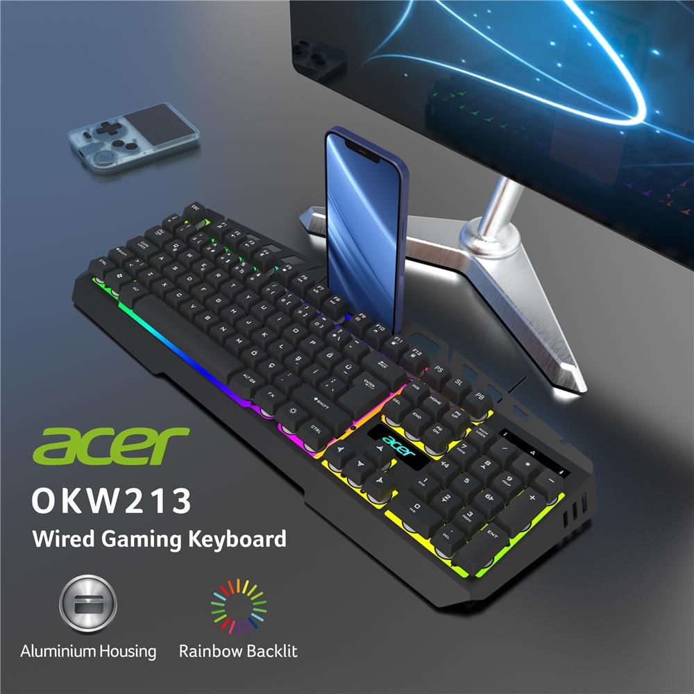 Klavyeler ve Setleri Acer OKW213 Siyah RGB Rainbow Backlit Gaming Keyboard Rainbow (Kablo Uzunluğu 1,5mt) Satın Al