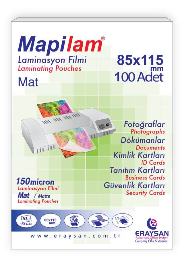Laminasyon Filmleri MAPİLAM 150 MİCRON MAT LAMİNASYON FİLMİ (BÜYÜK KİMLİK) (85X115) 100 LÜ Satın Al