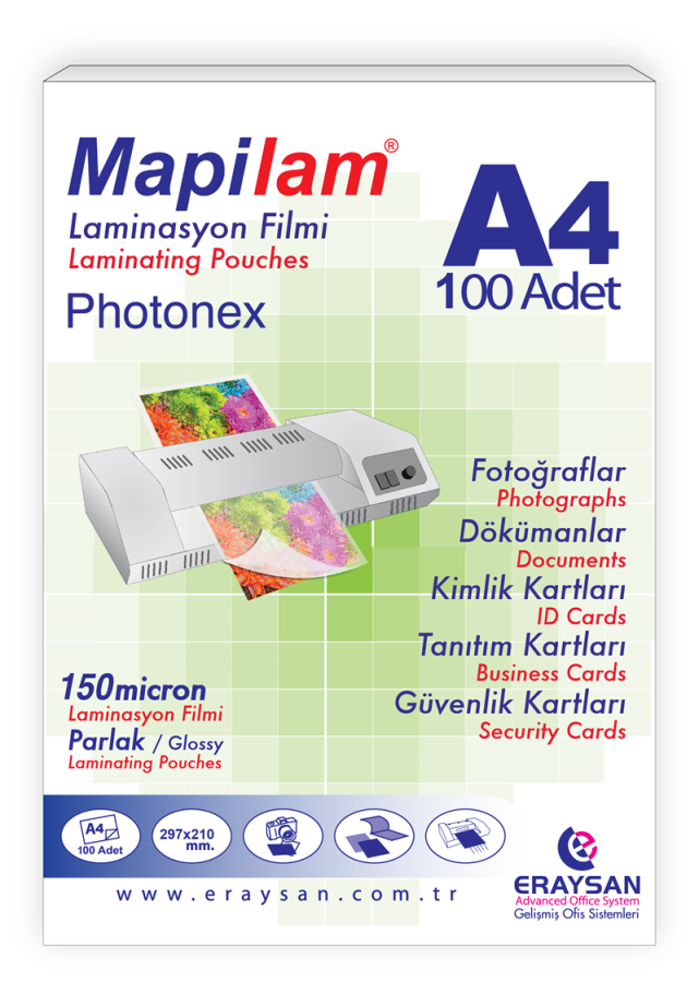 Laminasyon Filmleri MAPİLAM 150 MİCRON SICAK PHOTONEX LAMİNASYON FİLMİ (A4) 100 LÜ Satın Al