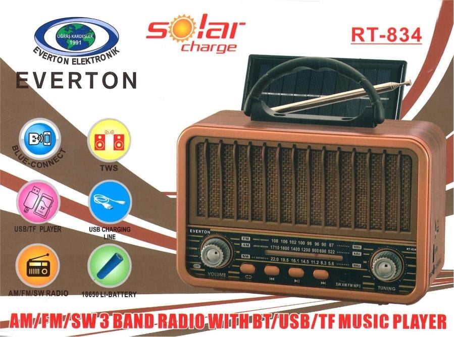 Mikrofon, Kulaklık ve Hoparlör Everton Rt-834 Bluetooth Radyo-TF card-usb-Kumandalı Nostaljik Radyo Solar Güneş Panelli Satın Al