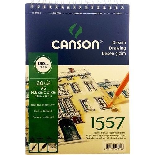 Sanatsal Resim Defterleri Canson 1557 Resim ve Çizim Blok Üstten Spiralli 20 Yp A5 180gr Satın Al