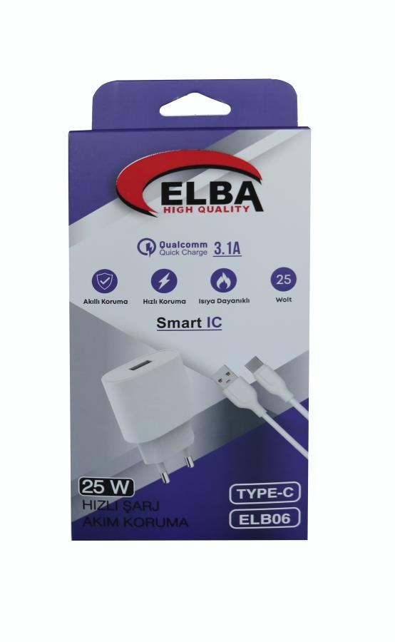 Şarj Kabloları Elba ELB06-USB-25WTypc  Beyaz Usb 25W Şarj Kafa+1Mt Usb Type-c Kablo QC4.0 (Akım Koruma-Hızlı Şarj) Satın Al
