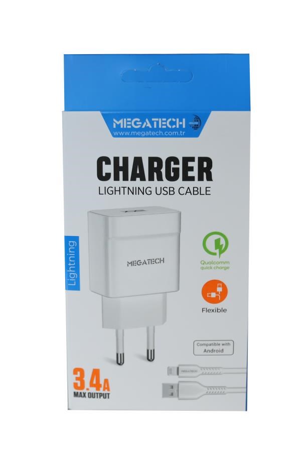 Şarj Kabloları Megatech CC-03 (MT-Cl34) 3.4A Lightning Usb Kablo + Ev Şarj Adaptörü Hızlı Şarj Satın Al
