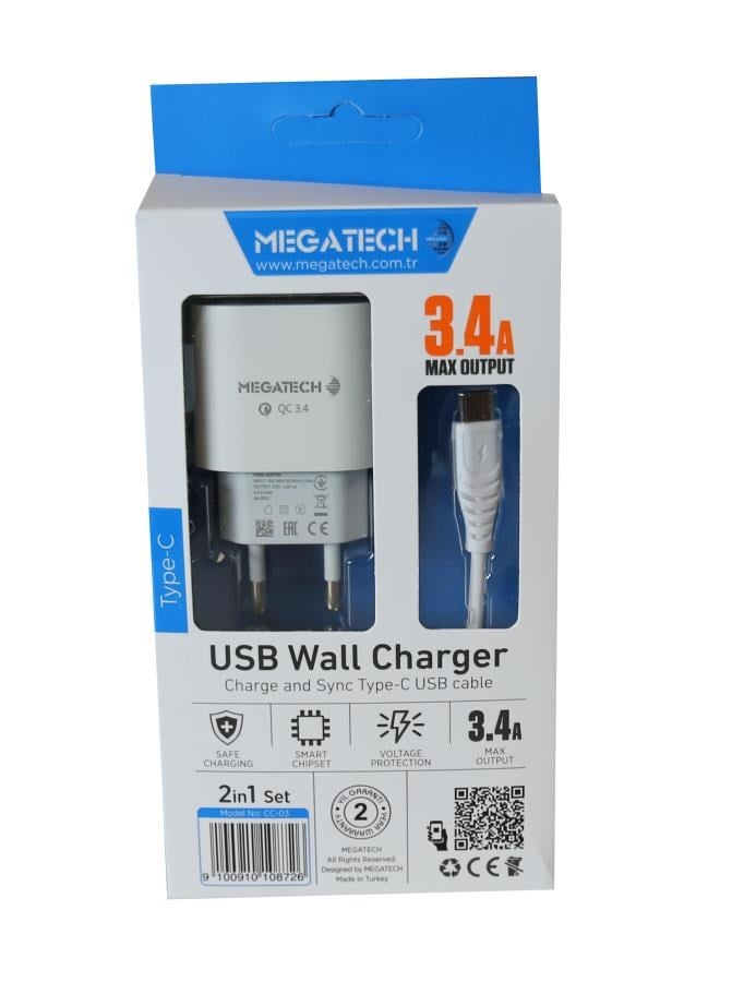 Şarj Kabloları Megatech CC-03 (MT-Ct34 )3.4A Type-C Usb Kablo+ Ev Şarj Adaptör Hızlı Şarj Satın Al
