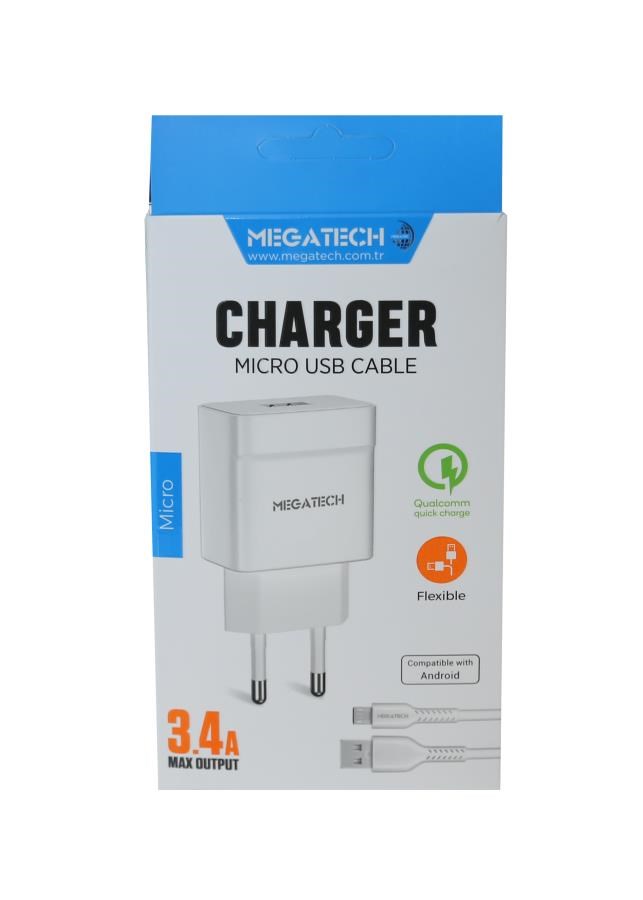 Şarj Kabloları Megatech MT-CM34  3.4A Micro Usb Kablo+ Ev Şarj Adaptörü Hızlı Şarj Satın Al