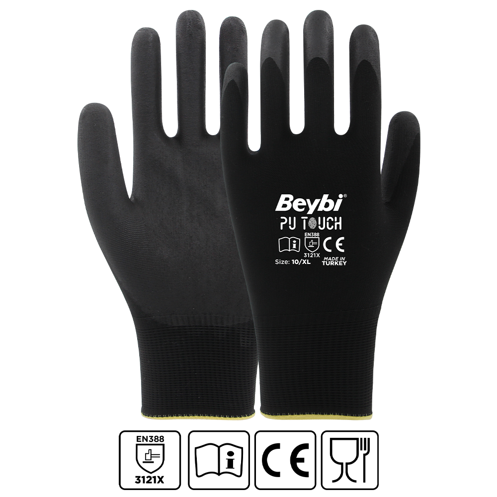Temizlik Eldivenleri Beybi 7 Beden 12li Paket  Poliüretan Kaplı Pu Touch Siyah Montaj Eldiven  EN388 (3121X) Satın Al