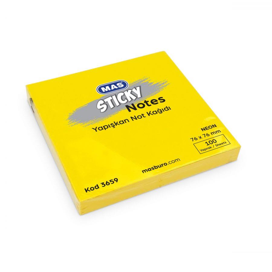 Yapışkanlı Not Kağıtları Mas 3659 Yapışkanlı Not Kağıdı 76mmx76mm 100 Sayfa Neon Sarı Renk Satın Al